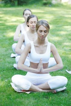 Women sitting in lotus position during yoga training at park