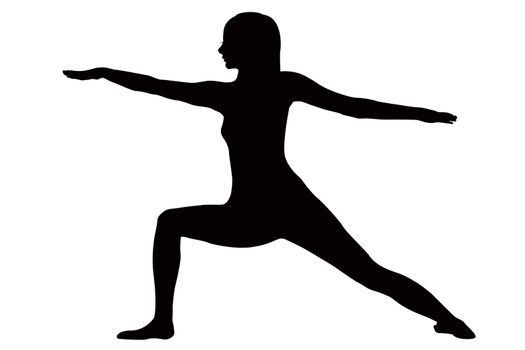 Woman practicing yoga, standing in Virabhadrasana pose