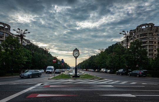 BUCHAREST, ROMANIA - 07.20.2018. Clock Bucharest 1459 on Union Boulevard in Romania in a summer morning