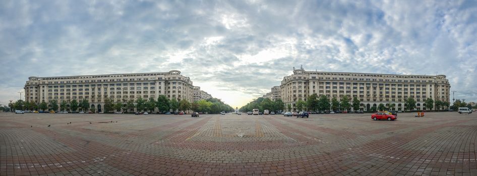 BUCHAREST, ROMANIA - 07.20.2018. Piata Constitutiei, or Palace Square, largest square in the center of Bucharest, Romania. 
Panoramic view