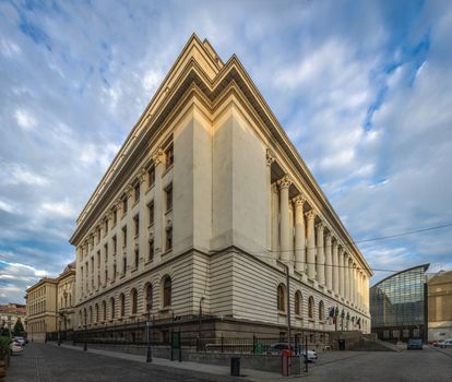 BUCHAREST, ROMANIA - 07.20.2018. Panoramic view of National Bank Of Romania in Bucharest in a gloomy summer morning