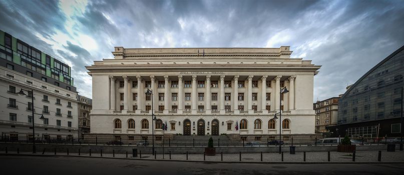 BUCHAREST, ROMANIA - 07.20.2018. Panoramic view of National Bank Of Romania in Bucharest in a gloomy summer morning