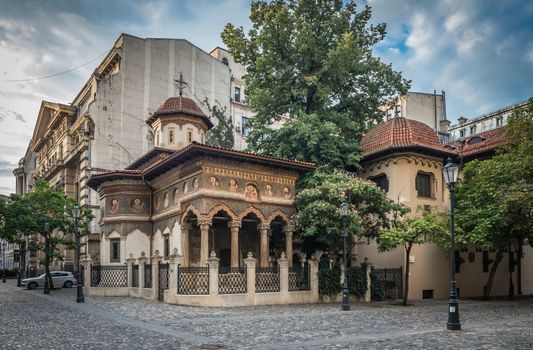 BUCHAREST, ROMANIA - 07.20.2018. St. Michael and Gabriel church in the old town area in Bucuresti, Romania. 
Stavropoleos Monastery in a gloomy summer morning