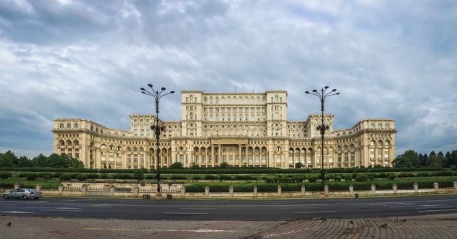 BUCHAREST, ROMANIA - 07.20.2018. Panoramic view of the Romanian parliament in Bucharest in a gloomy summer morning