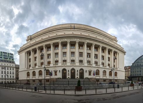 BUCHAREST, ROMANIA - 07.20.2018. Panoramic view of National Bank Of Romania in Bucharest in a gloomy summer morning