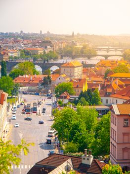 Klarov and Vltava River Bridges. View from Chotek Gardens, Prague, Czech Republic.