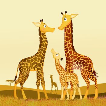 illustration of giraffe family in the savannah