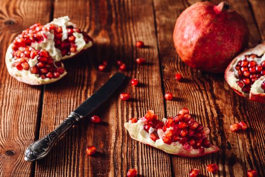 Opened Pomegranate Fruit, Seeds and Vintage Knife