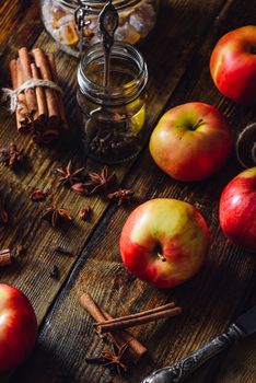 Red Apples with Clove, Cinnamon, Anise Star and Dark Sugar for Prepare Mulled Wine. Vertical.