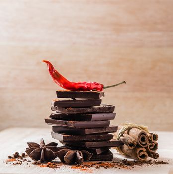 Dried Red Chili Pepper, Chocolate Stack and other Spices