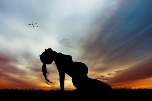 illustration of a pregnant girl doing yog at sunset