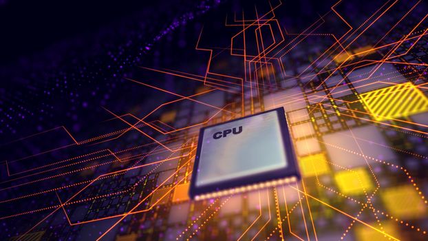 An impressive 3d illustration of a square CPU processor located aslant in the violet motherboard. It is connected with red and yellow energy pipes making zigzag turns and square plates. 