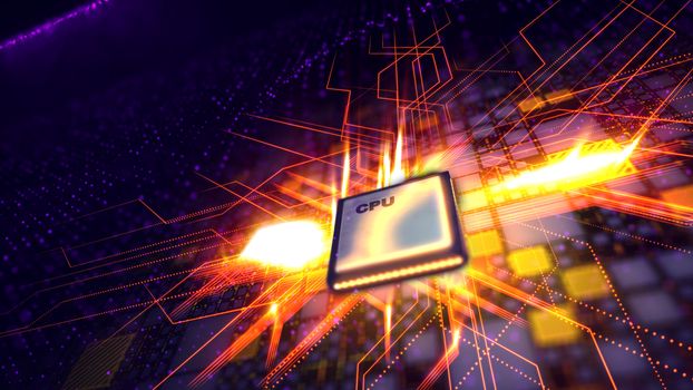 An arty 3d illustration of a grey CPU microprocessor with plasma arc inside put aslant in the black motherboard with yellow plates and violet spots and red lines transmitting energy. 
