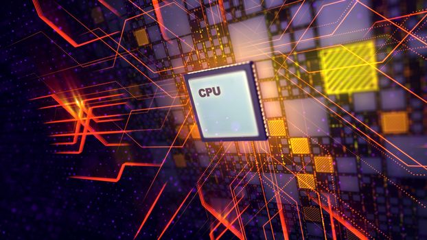 3d rendering of a CPU processor put aslant in the violet backdrop. It is surrounded with colorful squares covered with diagonal lines. The energy beams are transmitted in all directions. 
