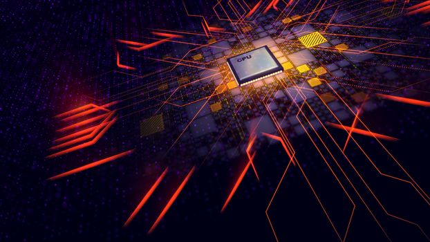 A hi-tech 3d illustration of a cubic CPU screen with diagonal and straight power rays resembling some futuristic transformer face in the black cyberspace with yellow and violet plates and spots. 