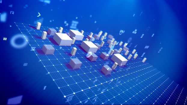 An exciting 3d illustration of a bar chart with rising rectangular columns meaning profit in the blue backdrop put askew with soaring spots, key holes, angles, windows and other pc symbols. 