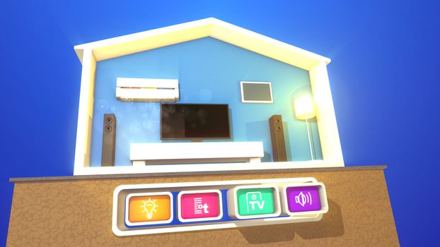 A hilarious 3d illustration of a turned on smart home section with a working plasma TV, large speakers,  classic floor lamp, white modern bed, air conditioner  and four icons with symbols.