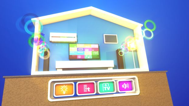 A jolly 3d illustration of a turned on smart home with a working plasma TV and bright images, large speakers and musical multicolored bubbles, lit floor lamp, white bed and an air conditioner.