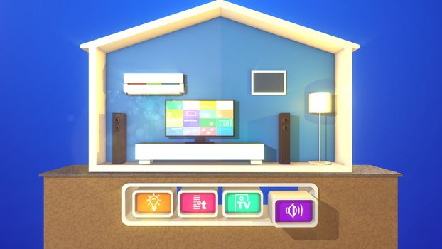 A happy 3d illustration of a symmetric smart home with three pressed buttons connected with a lit floor lamp, black TV plasma and an air conditioner. The rectangular speakers are not switched on.