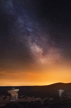 Group of radio telescopes and milky way