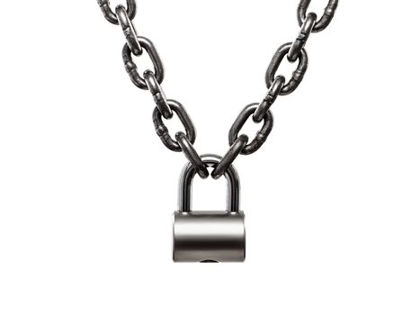 Hardened steel heavy industry cargo lifting metal chain locked on padlock white isolated