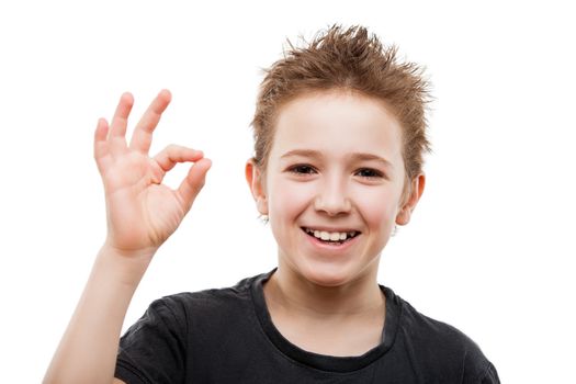 Beauty toothy smiling young teenager boy hand gesturing OK or success sign white isolated