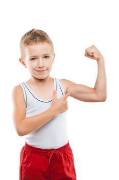 Beauty smiling sport child boy showing his hand biceps muscles strength white isolated