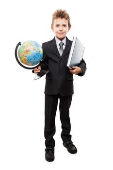Handsome smiling child boy in business suit hand holding planet Earth globe and education reading book white isolated