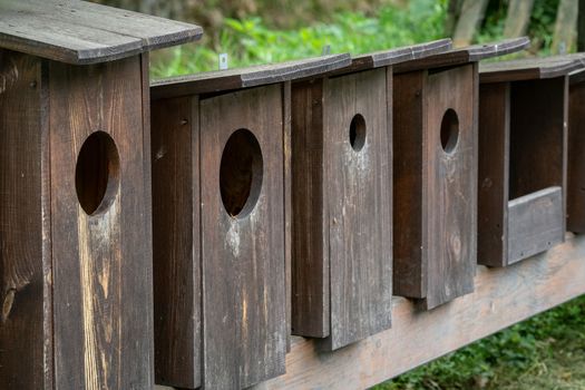 Wooden bird houses in a row, bird boxes.