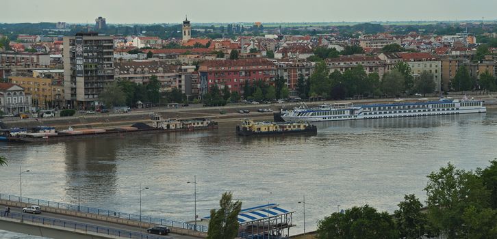 NOVI SAD, SERBIA - May 18th: View at Danube and City of Novi Sad pier with boats