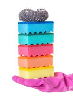 sponge for utensils in a female hand on white isolated background