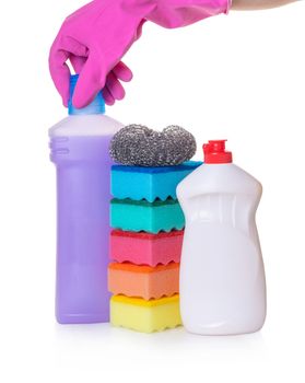 sponges for washing utensils and detergents on white isolated background