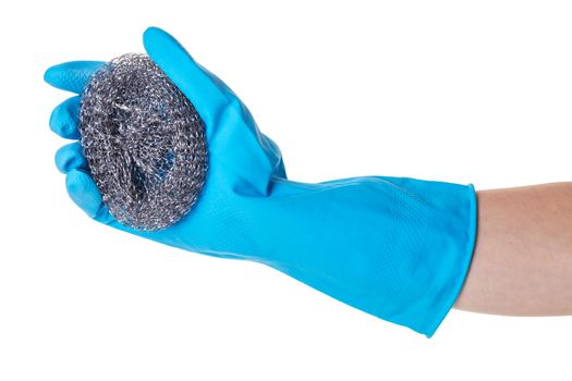 metal sponge for utensils in a female hand on white isolated background
