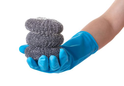 metal sponge for utensils in a female hand on white isolated background