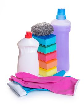sponges for washing utensils and detergents on white isolated background