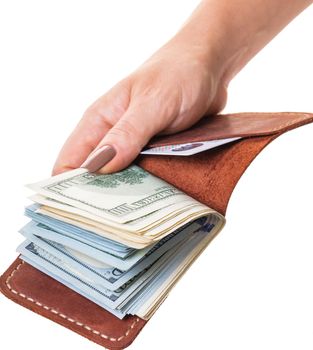 purse with money in hand on white isolated background