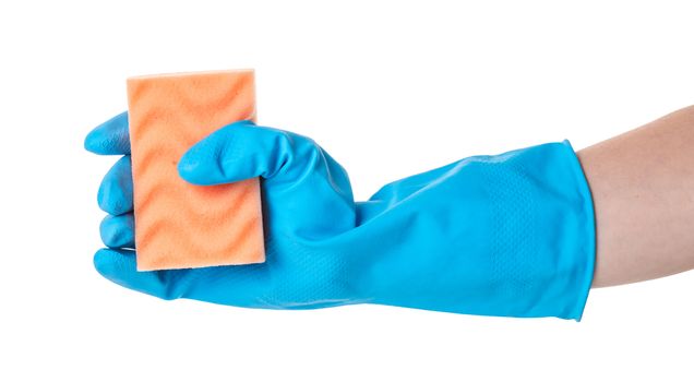 sponge for utensils in a female hand on white isolated background