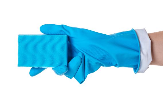 sponge for utensils in a female hand on white isolated background