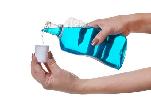 bottle with hygienic product in hand on white isolated background
