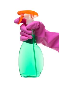 detergent with sprayer in hand on white isolated background