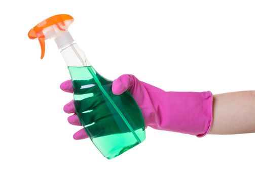 detergent with sprayer in hand on white isolated background