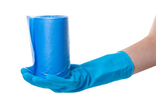 roll of garbage bags in a hand on a white isolated background