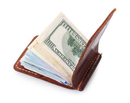 purse with money on white isolated background