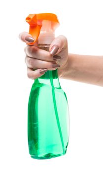 detergent with sprayer in hand on white isolated background