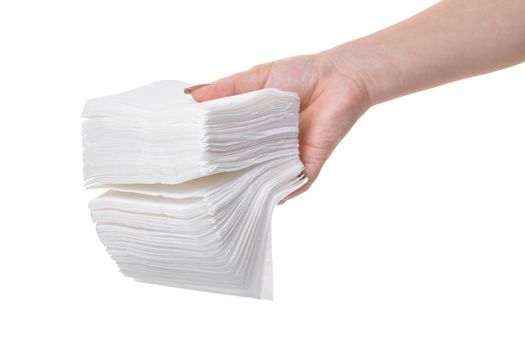 pack of napkins in hand on white background isolated