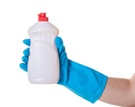 bottle with detergent in hand on white isolated background