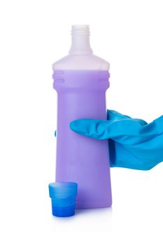 bottle with detergent in hand on white isolated background