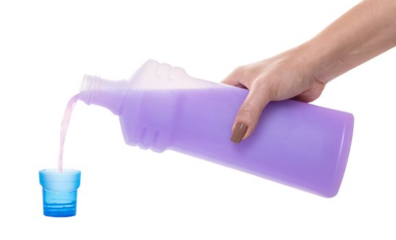 hand in a detergent pour on white isolated background
