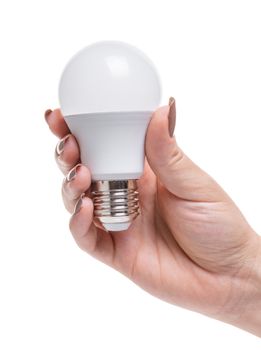 light bulb in a female hand on white background isolated
