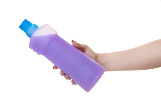 bottle with detergent in hand on white isolated background